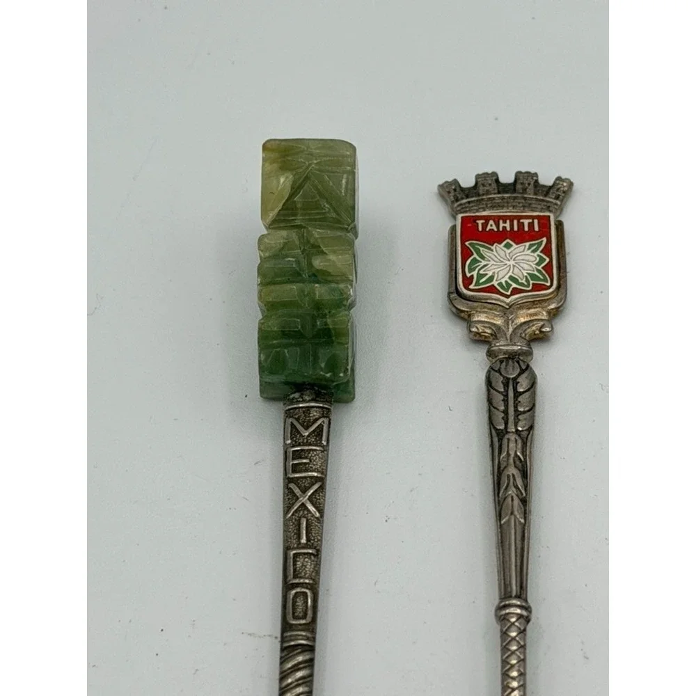 Vintage Souvenir Spoon Lot Mexico Tahiti Alaska Aztec Calendar Jade Handle 4pc
